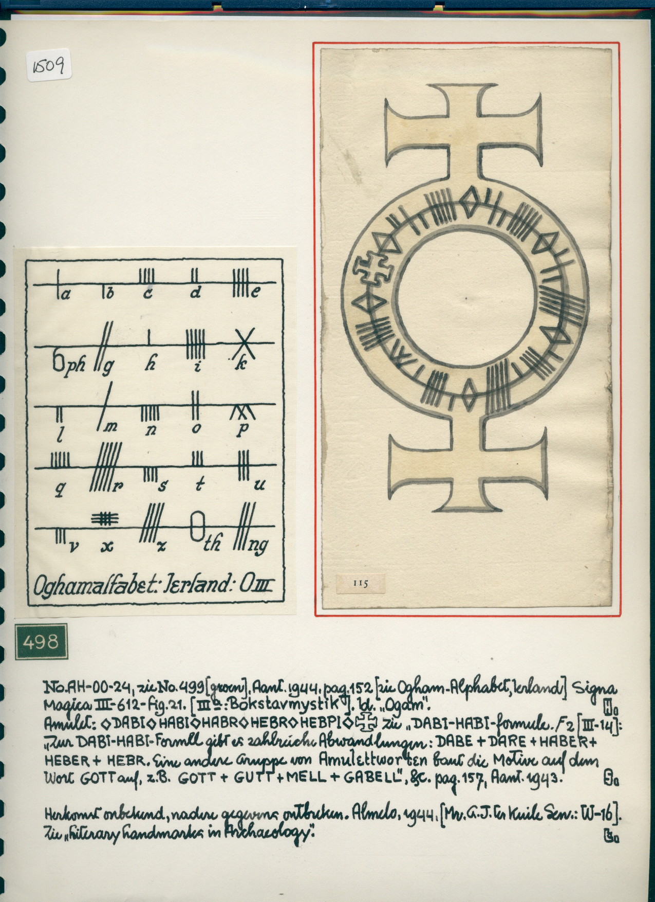 R/12/1509 - prints of Ogham-alphabet and of double cross on circle; and ...